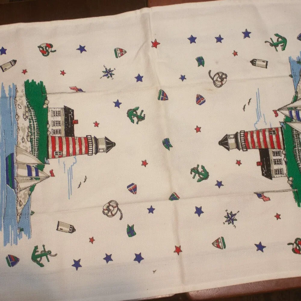 Two Nautical Themed Kitchen Towels Featuring Lighthouses